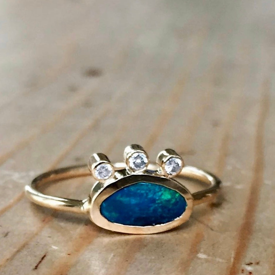 third eye ring.  australian black opal 14k with 3 little fine, full cut 2mm diamonds
