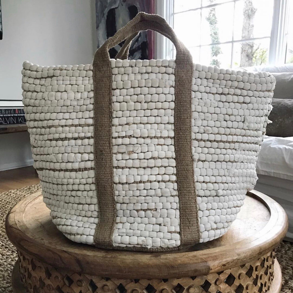 over sized white hemp + cotton tote bag