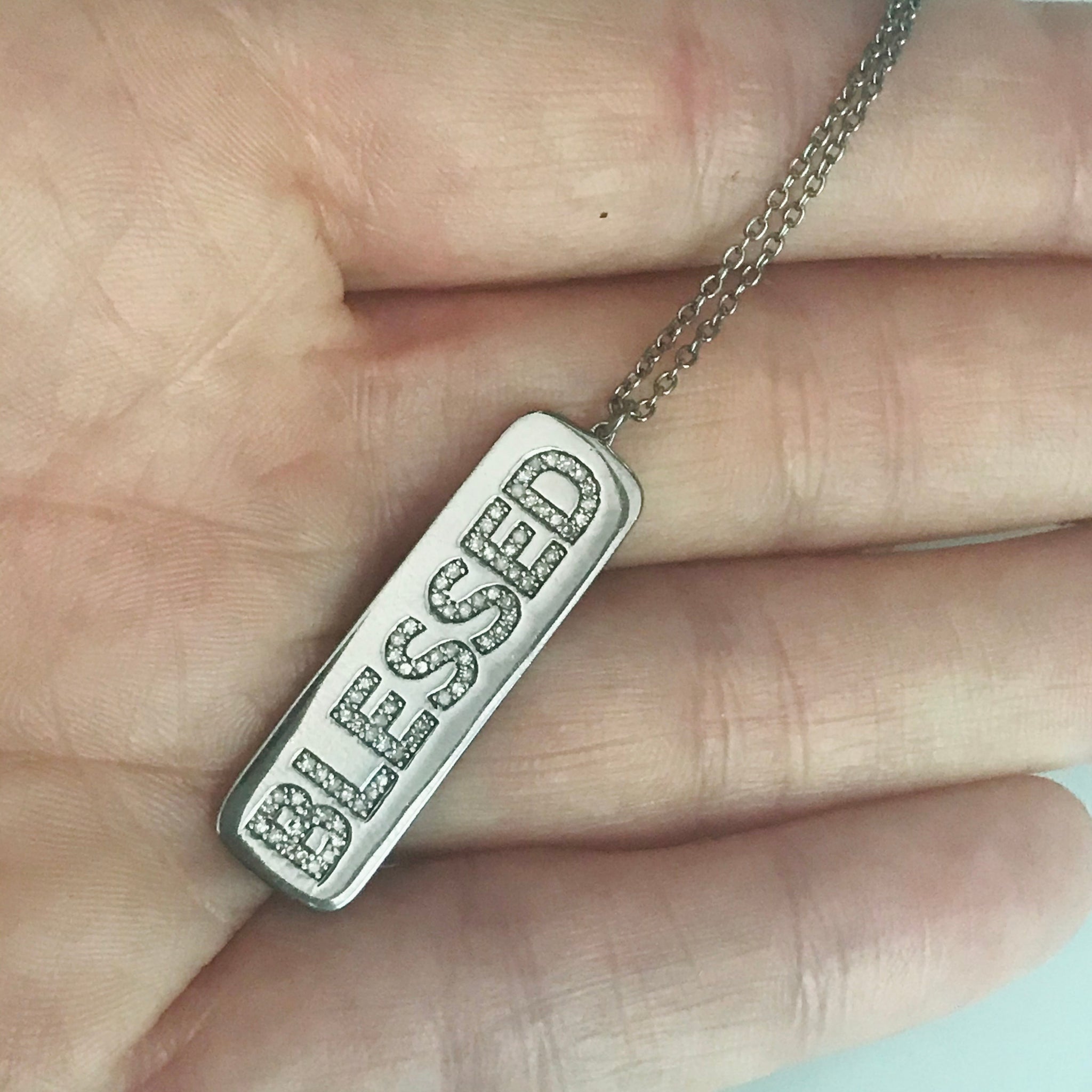 silver diamond blessed tag necklace