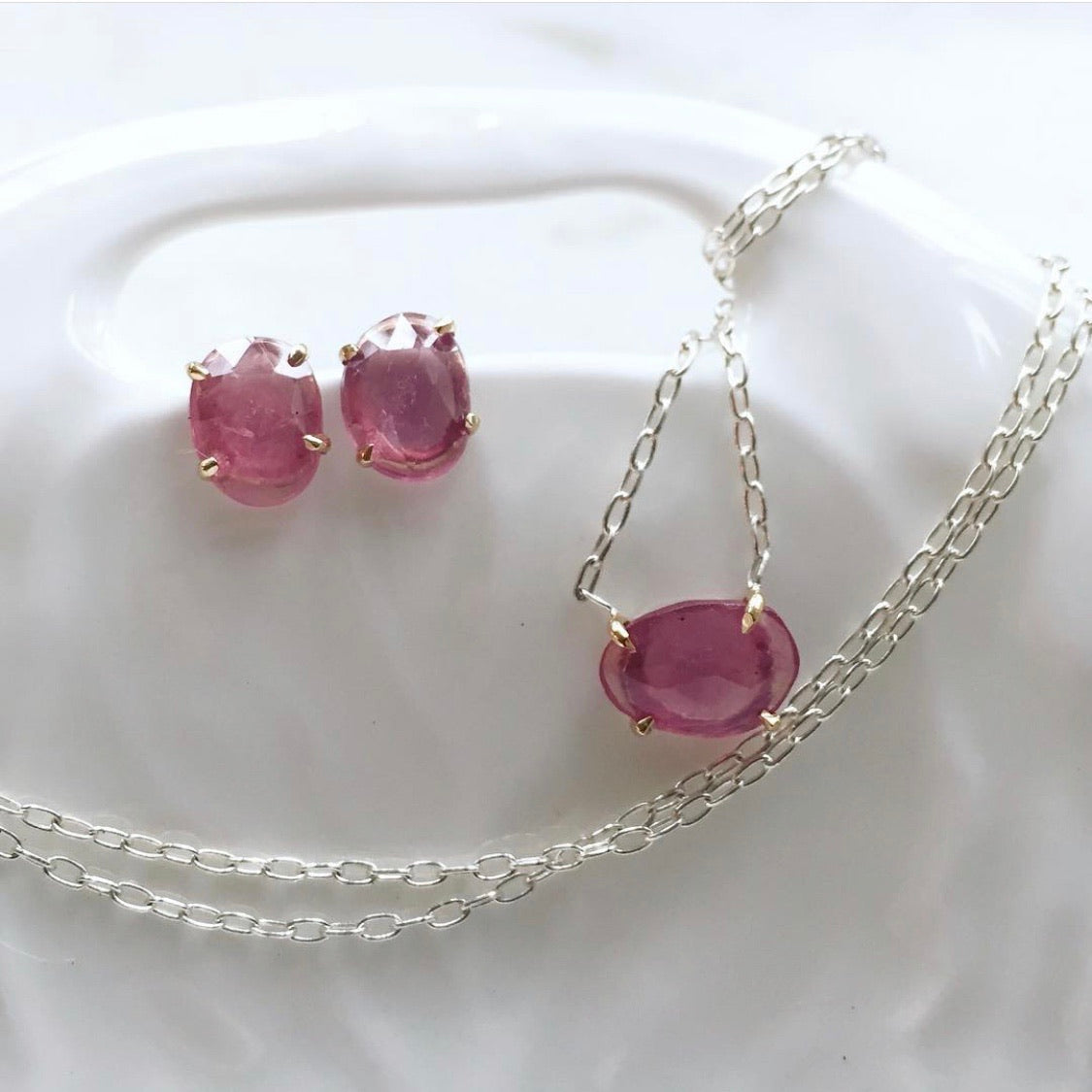 pink sapphire necklace with 14k gold prongs + sterling silver chain