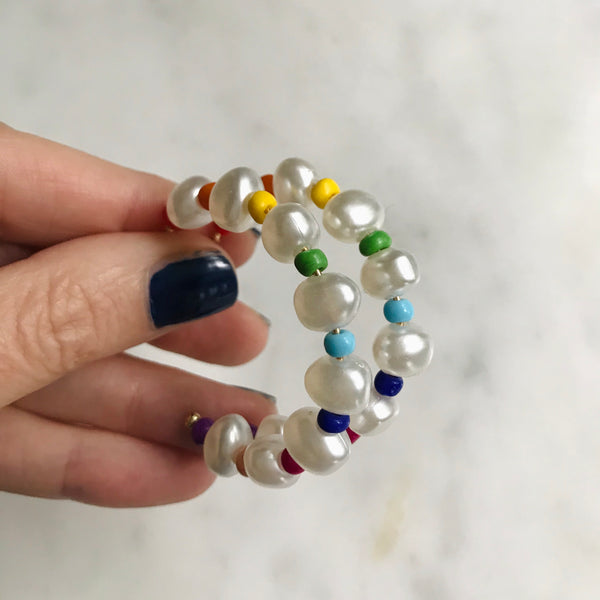 pearl + rainbow bead 1.5” hoops