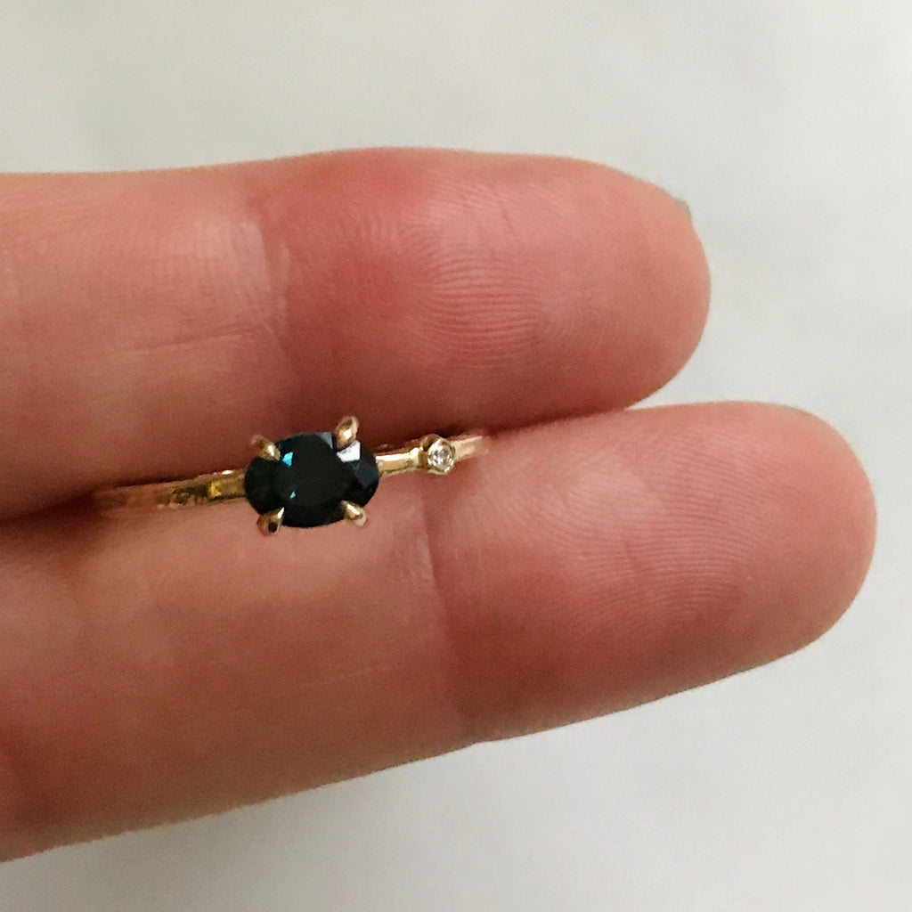 teal spinel + diamond wink ring 14k gold