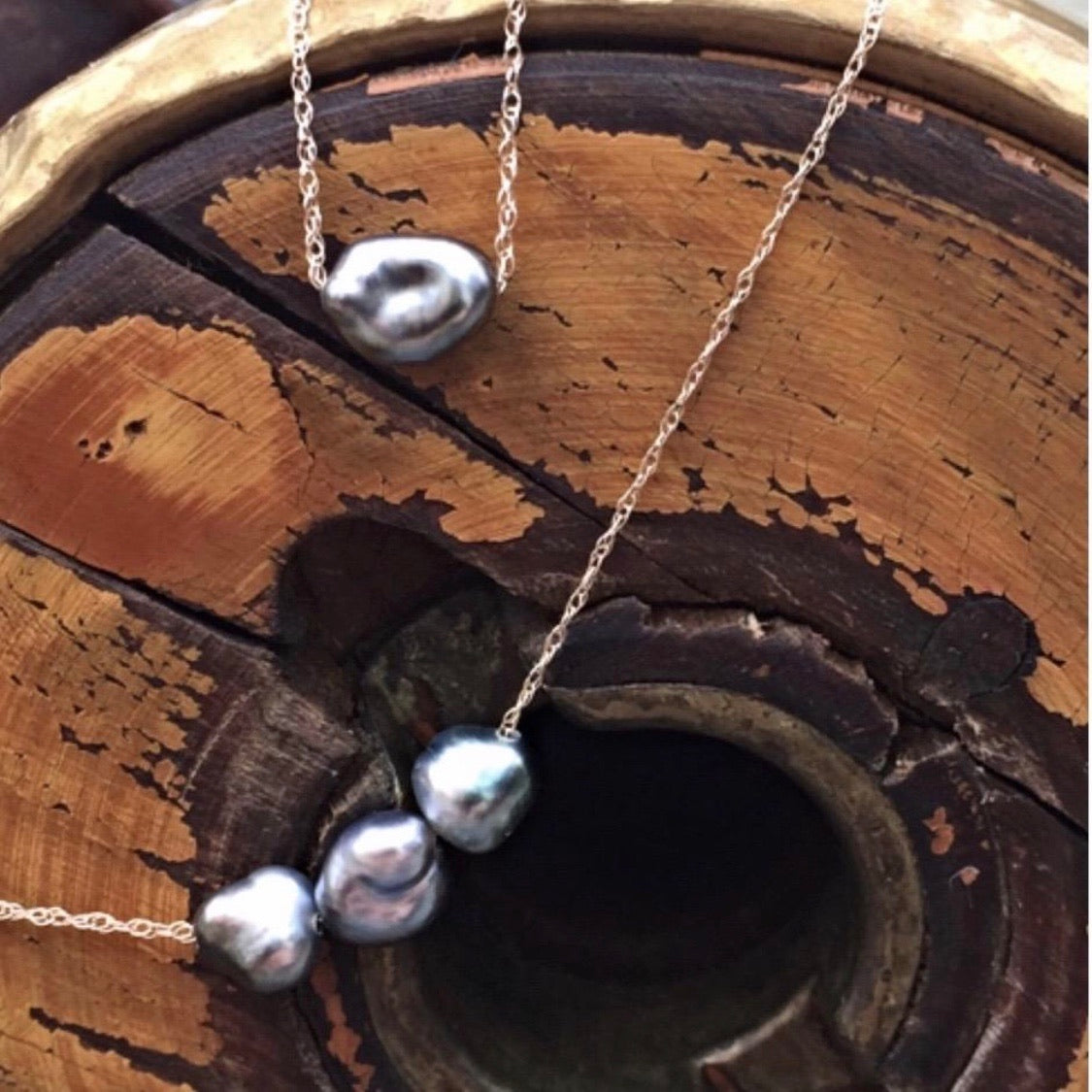 triple keshi on 14k gold chain