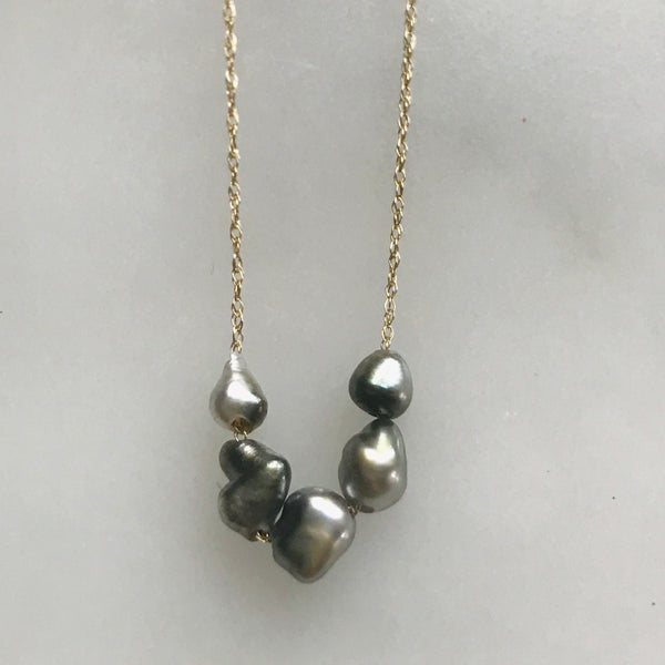 five keshi pearl necklace on a 14k gold chain