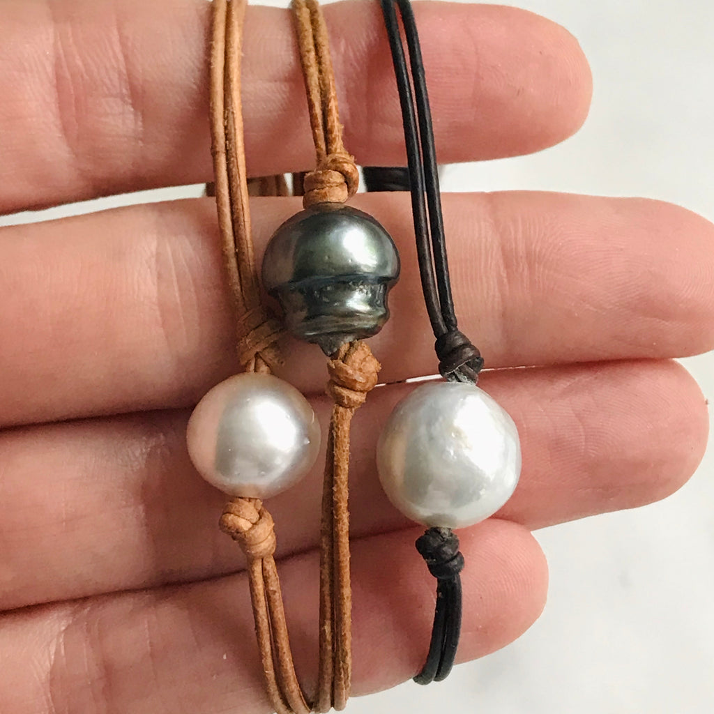 single pearl on leather bracelet
