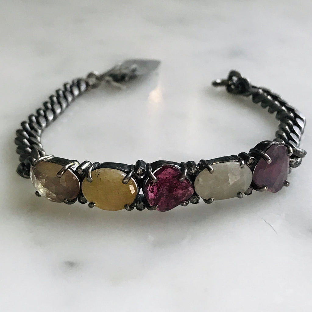 multi fancy sapphire silver link ID bracelet
