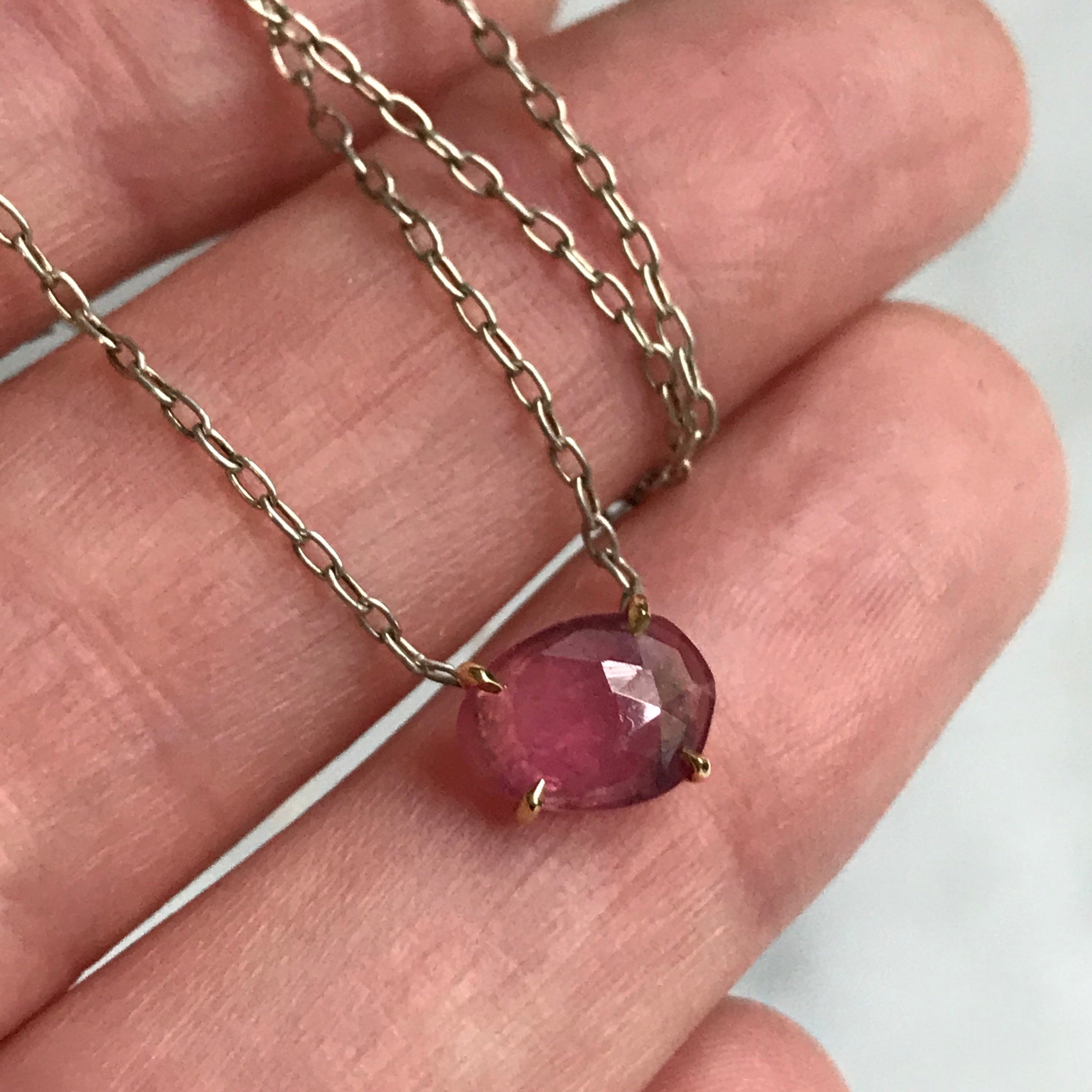 pink sapphire necklace with 14k gold prongs + sterling silver chain