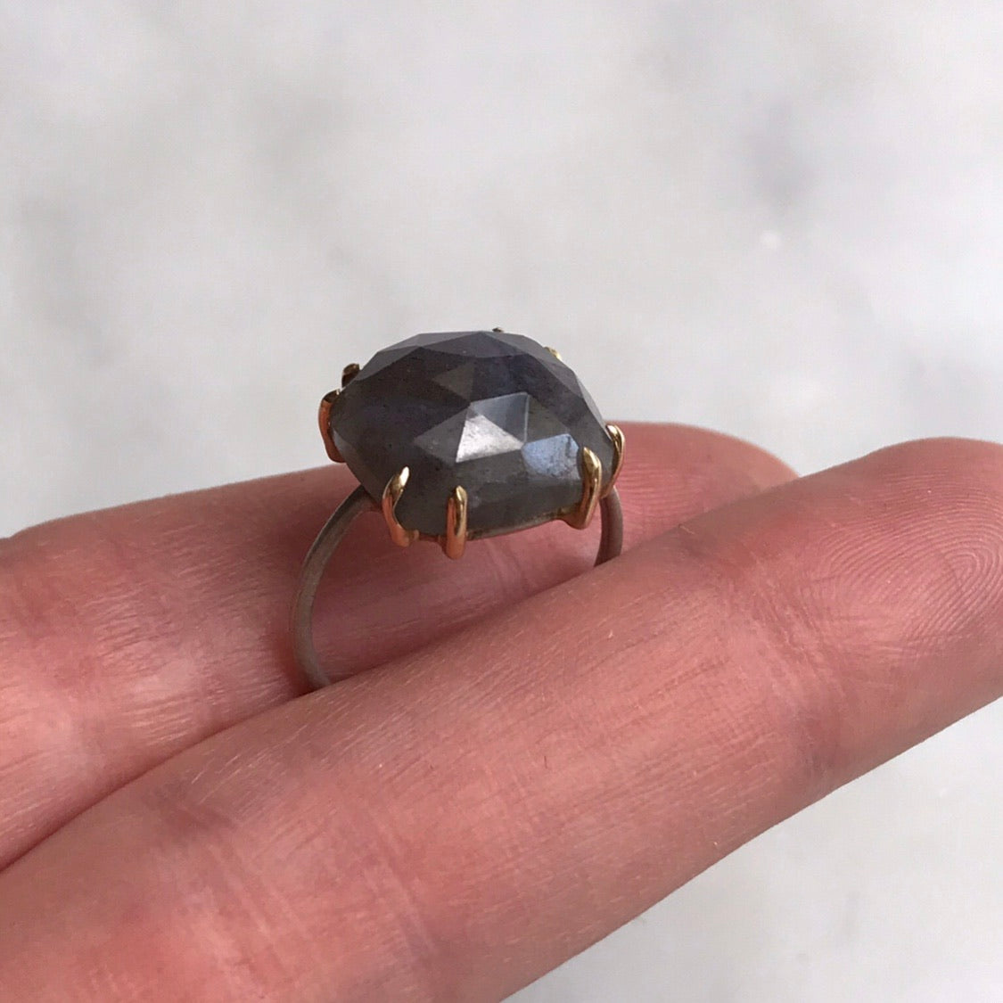 huge chunky labraordite sterling silver band 18k gold prongs