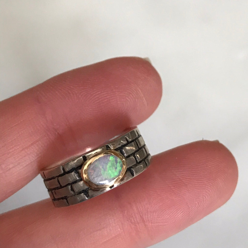 flashy australian boulder opal set in 14k gold + sterling silver