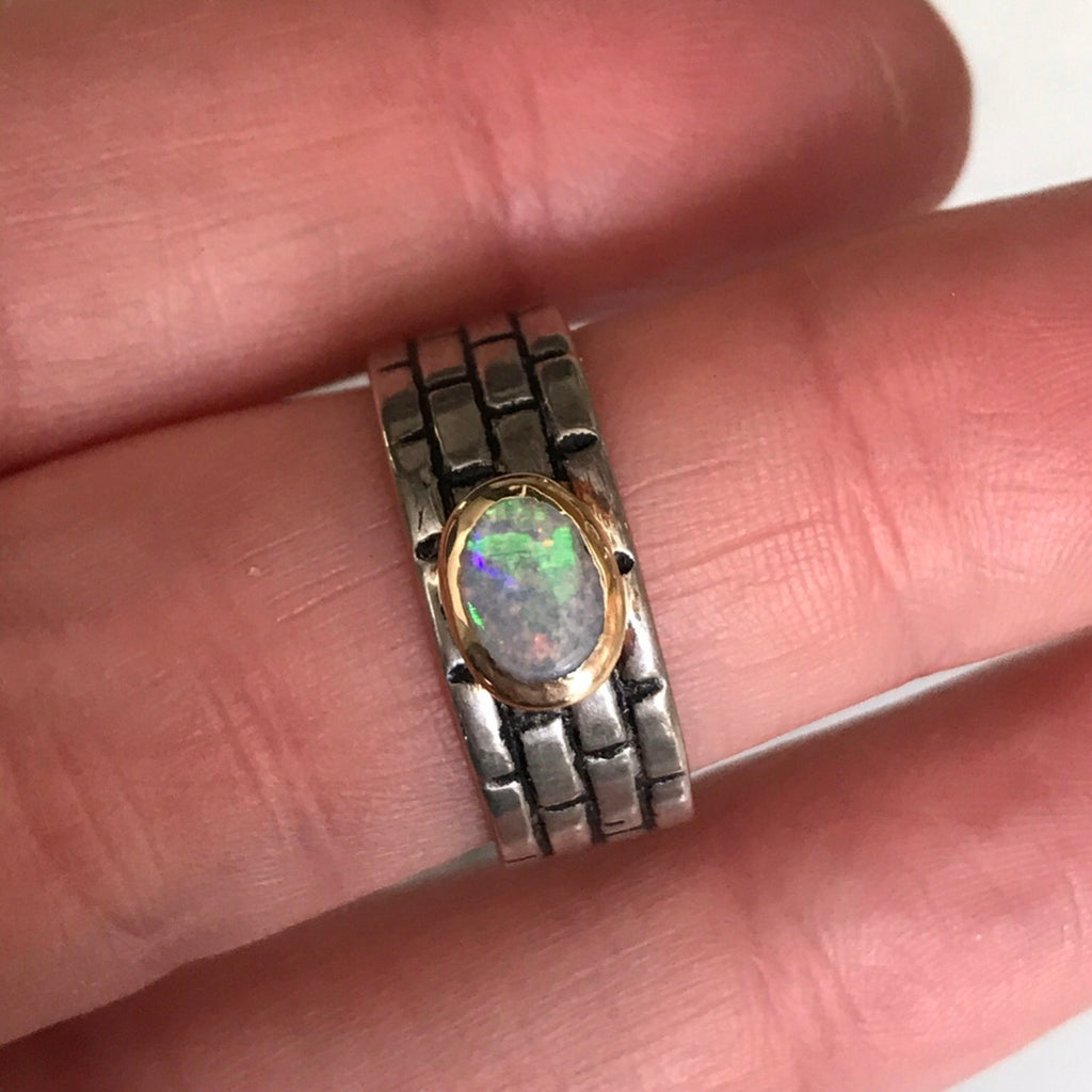 flashy australian boulder opal set in 14k gold + sterling silver