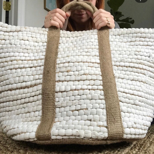 over sized white hemp + cotton tote bag