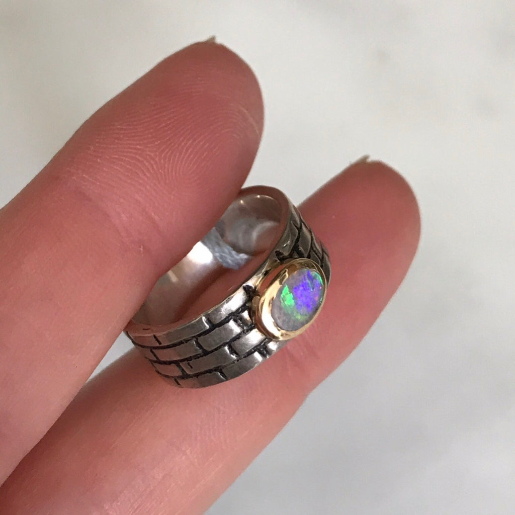 flashy australian boulder opal set in 14k gold + sterling silver