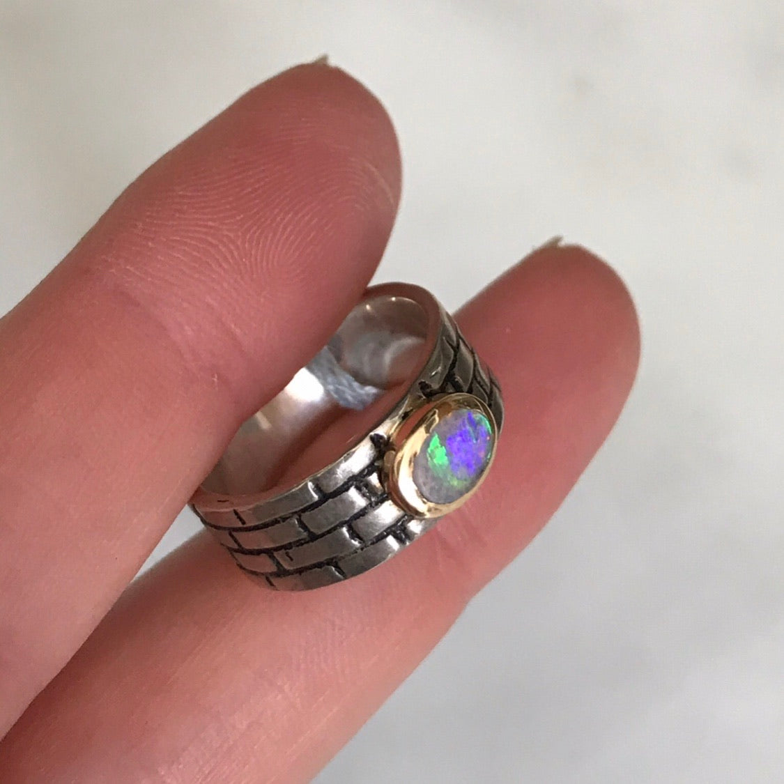 flashy australian boulder opal set in 14k gold + sterling silver