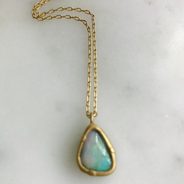 australian boulder opal set in 14k gold with gold chain