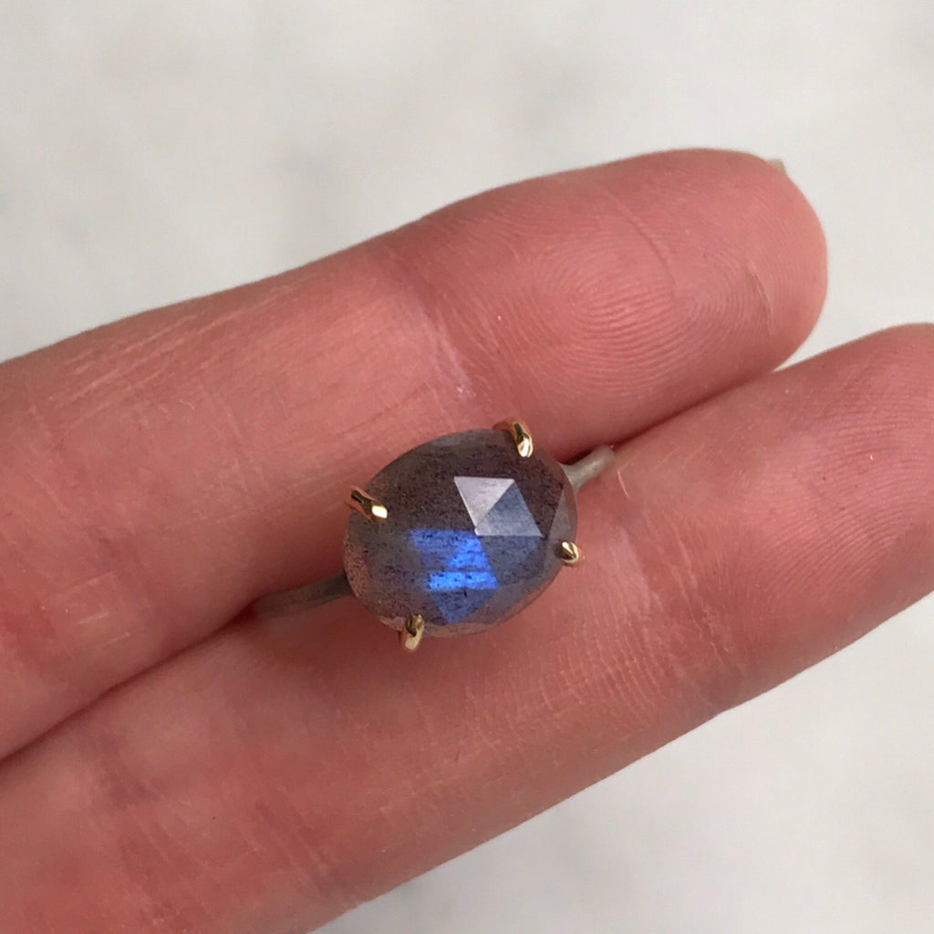 rosecut flashy labradorite in sterling silver + 18k gold