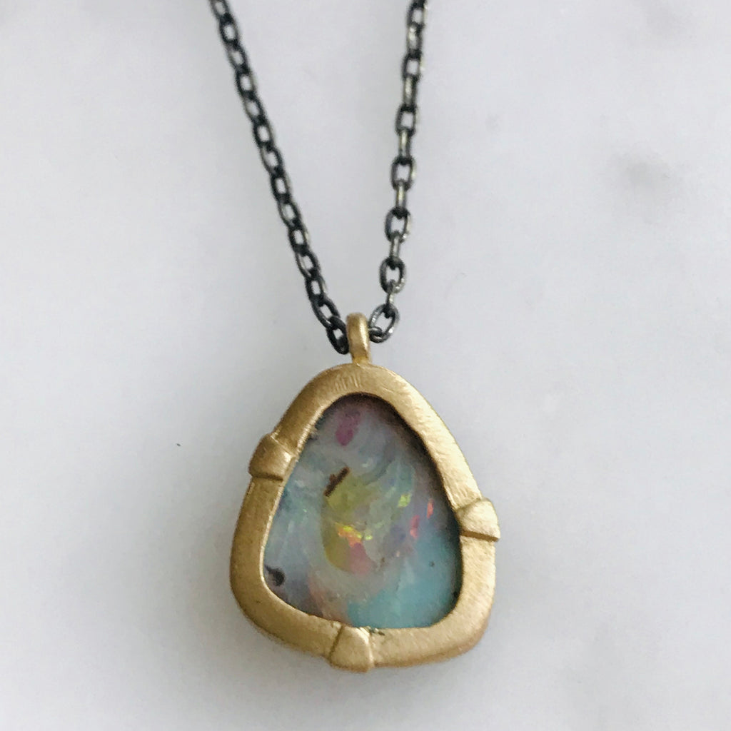 australian boulder opal set in 14k gold with a sterling silver + gold chain
