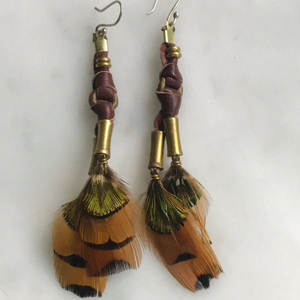 feather, braided leather and brass earrings