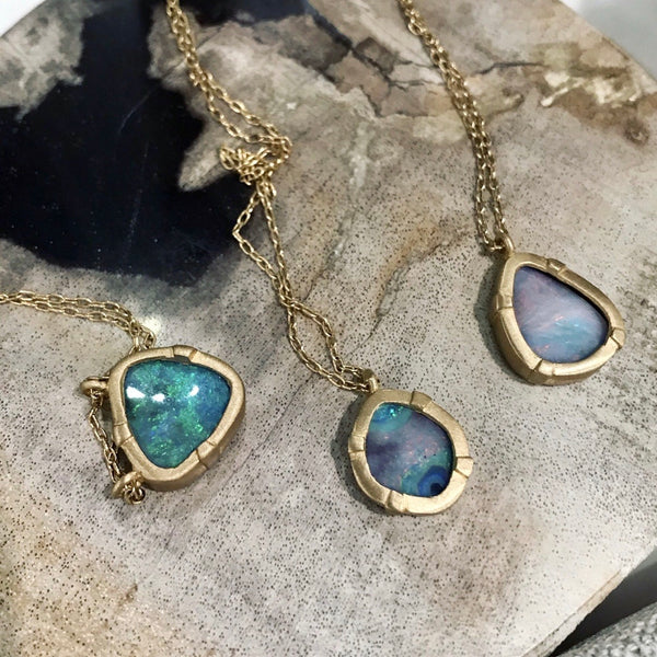 australian boulder opal set in 14k gold with gold chain