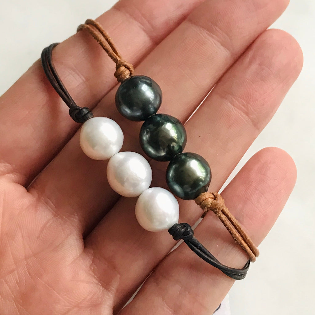 triple pearl bracelet on leather